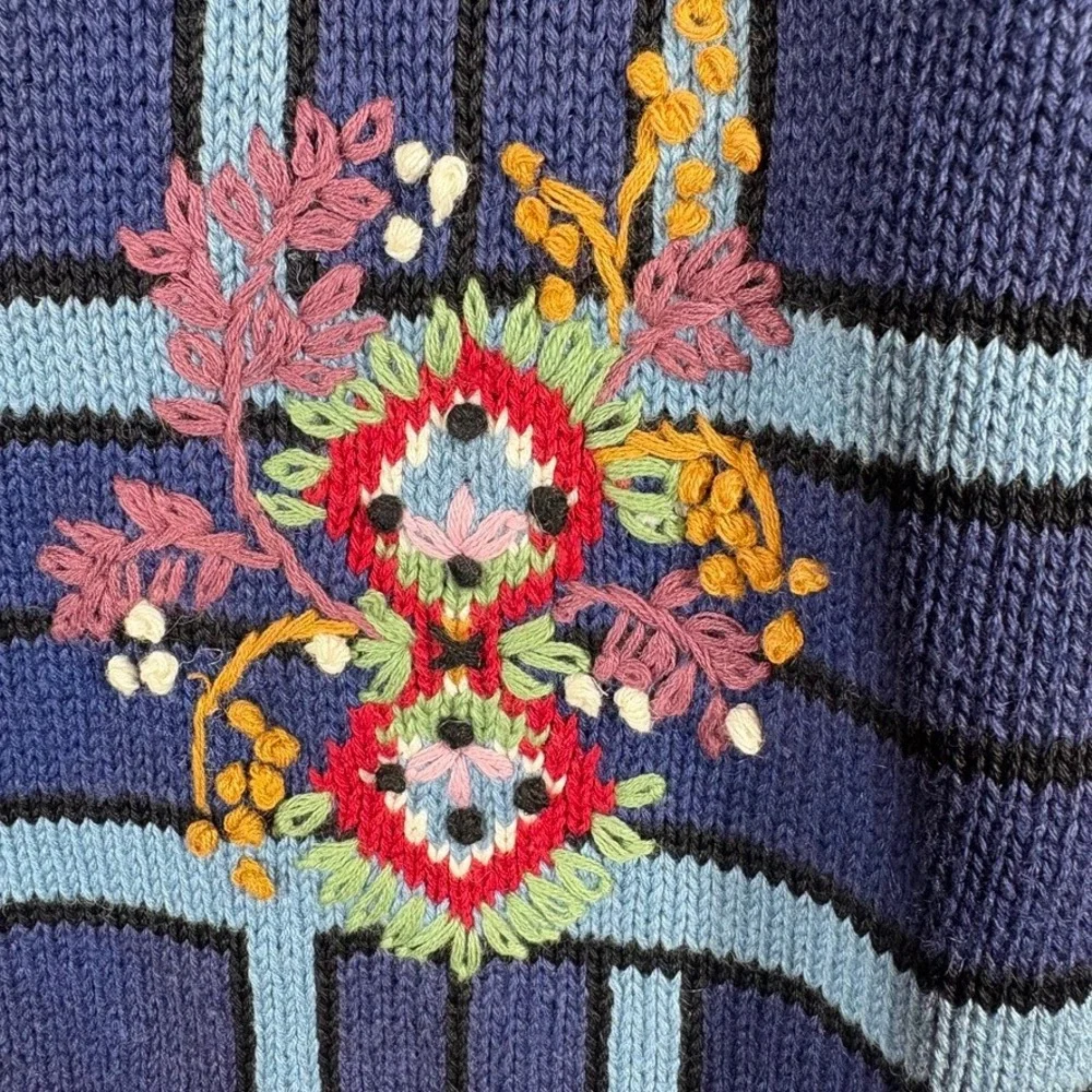 NOS Vtg 1993 Susan Bristol Sweater L Blue Embroidered Cottagecore French Country